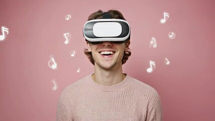 Immersive virtual reality experience with musical notes and smiling youth