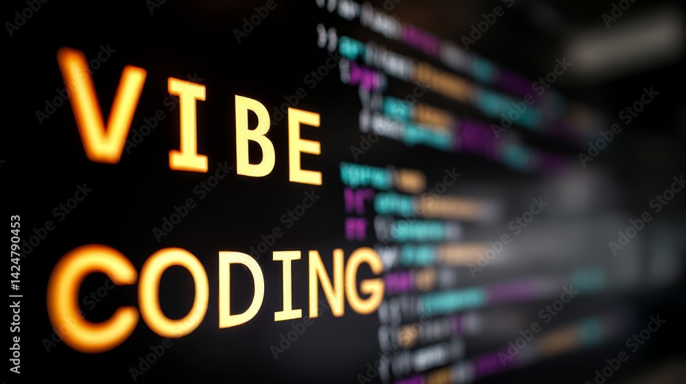 Poster VIBE CODING displayed on monitor in modern office setting