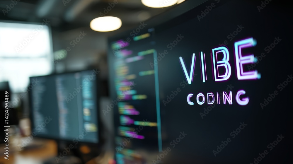 Poster VIBE CODING displayed on monitor in modern office setting