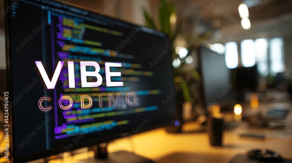Aufkleber vibe coding displayed on monitor in modern office setting