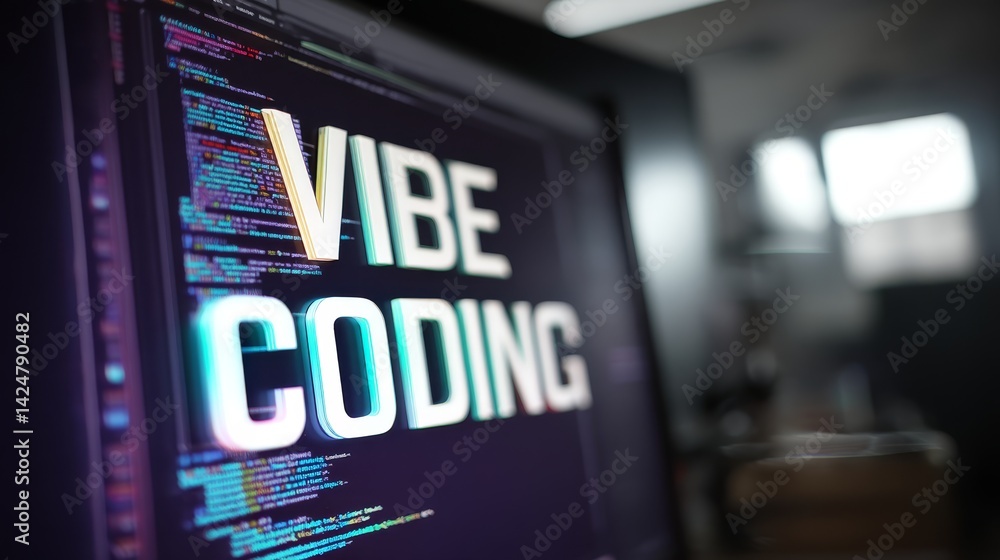 Poster VIBE CODING displayed on monitor in modern office setting