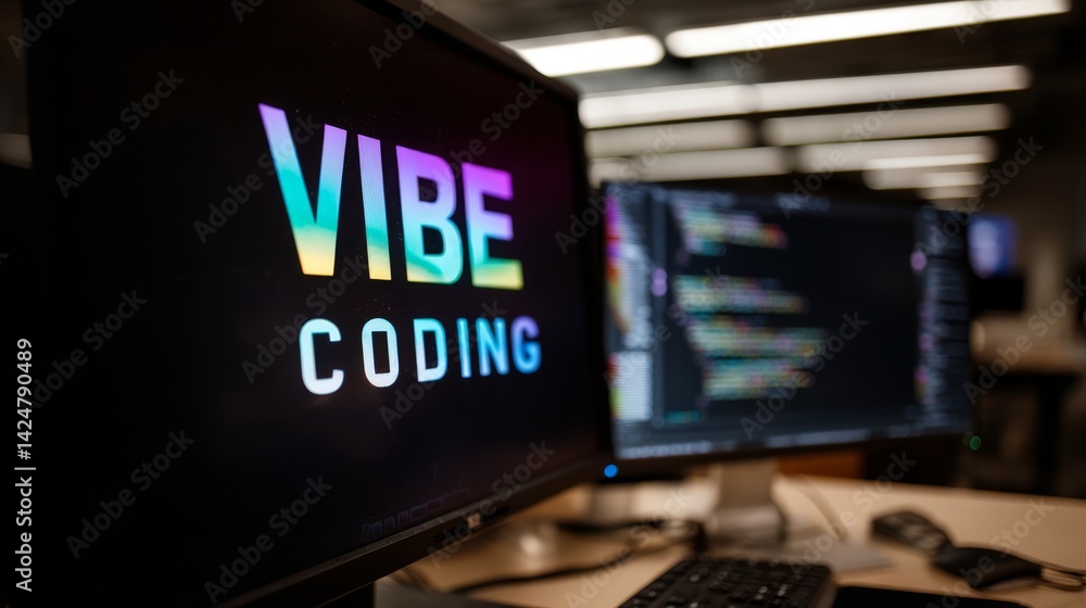 Poster VIBE CODING displayed on monitor in modern office setting