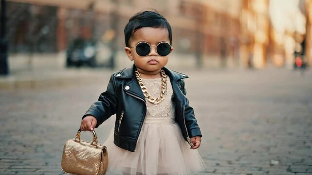 Confident toddler fashionista struts stylishly with sunglasses and handbag