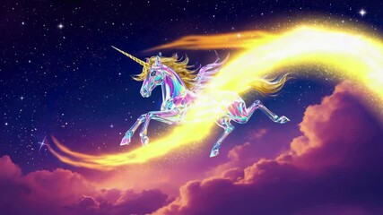 Enchanted unicorn gallops through cosmic dreamscape with vibrant rainbow trail