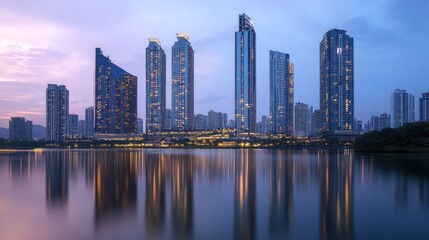 Fototapeta premium Modern Skyscrapers Reflected in Still Water at Dusk