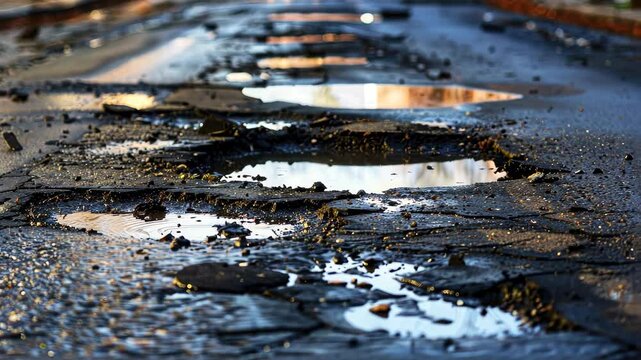 A poorly maintained street riddled with deep potholes showcases deteriorating infrastructure and road hazards, Ai Generated.