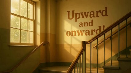 Morning sunlight streaming on school staircase with motivational quote