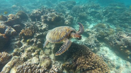 Naklejka premium Majestic Sea Turtle Gracefully Navigating Vibrant Coral Reef