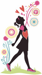 Girl silhouette joyful walking, colorful floral background, for websites