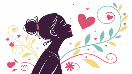 Woman silhouette profile, loving heart, floral design, for festive cards