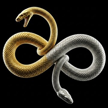 Two snakes, gold and silver, intertwined in an infinity symbol shape against a black background.