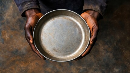 Empty Metal Bowl Held by Dark Brown Hands Rustic Background Poverty Concept Food Need Hunger Hope Charity Donation Support Help Humanitarianism Global Issues Development Aid Social Justice Human      