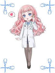 スマホで電話をかけるピンク髪のアニメ風女性医師。アンティークなハサミのコーナー飾り罫つき