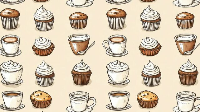 Pattern of cupcakes and coffee cups looping on creamy backdrop.
