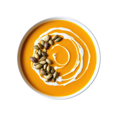 Obraz premium Creamy Pumpkin Soup with Roasted Pumpkin Seeds and Cream Swirl Garnish in White Ceramic Bowl Isolated on Transparent and White Background