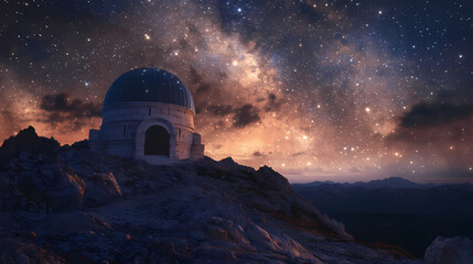 Obraz premium Stargazers' sanctuary: unveiling the secrets of the cosmos from atop ancient peaks. Skyward Shrine. Illustration