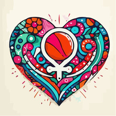 Colorful heart icon with female symbol in vibrant floral design  