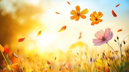 Fototapeta premium Sunset Meadow: Cosmos Flowers Dance in Golden Light