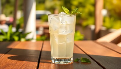 Refreshing summer cocktail, frosted glass, ice cubes, lemon slice garnish, fresh mint leaves, wooden table, sunlight, outdoor setting, vibrant colors, drink photography
