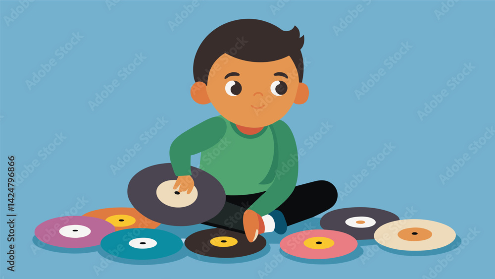 Poster a child sitting crosslegged on the floor sorting through a colorful collection of vinyls with a look