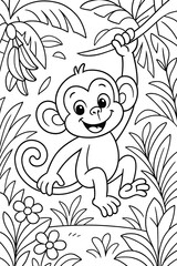 Fototapeta premium Adorable monkey coloring page in a tropical jungle.
