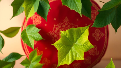 Fototapeta premium Vibrant Green Leaves Floating Around Red Cushion Nature Photography