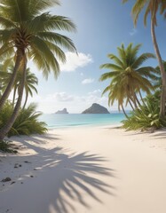 Soft white sand, palm trees framing distant island,  idyllic,  palm trees