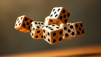 Intricate Design Six Precision-Crafted Dice in Mid-Air