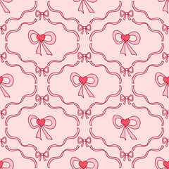 Coquette ribbon bow frame seamless pattern. Romantic doodle print for fabric, paper, textile. Hand drawn vector illustration.