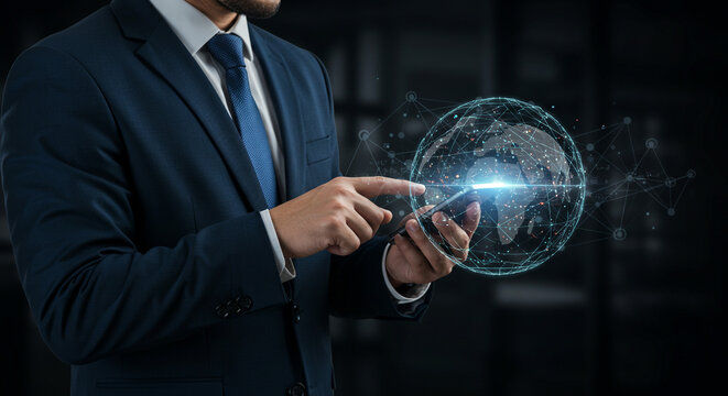 Global network businessman using phone digital world glowing sphere dark background
