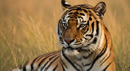 Obraz premium Majestic Bengal Tiger Resting in Tall Grass Wildlife Portrait