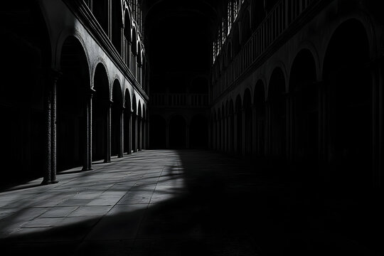 Dark, echoing colonnaded courtyard, bathed in dramatic light.