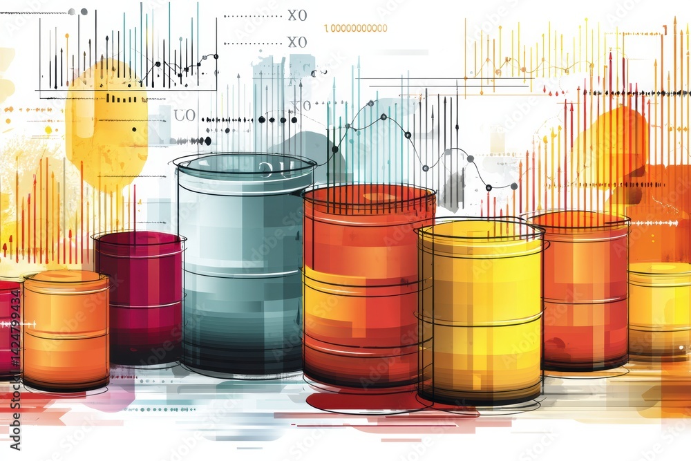 Poster Abstract Background Featuring Stylized Barrels and Oil Graphs Illustrating Energy Trends and Market Insights in a Colorful Design