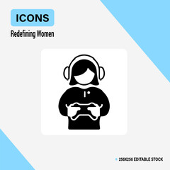 Female Gamer Icon: A bold, minimalist illustration showcases a woman fully immersed in gaming, clutching a game controller with a pair of headphones encircling her head. Perfect for tech, gaming.
