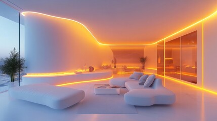 Futuristic Living Room with Orange LED Lighting and Ocean View