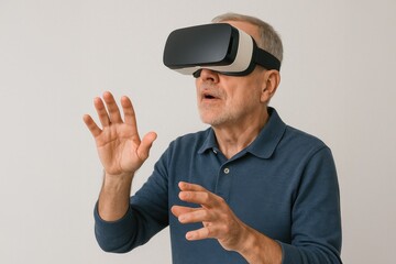 Naklejka premium Elderly man in VR headset looking amazed with raised hands in interactive pose. 