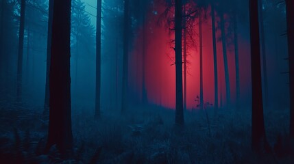 Fototapeta premium Eerie Red Forest Night Fog.