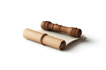Ancient document and wooden gavel on white background