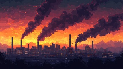 Pixel Sunset: Industrial Cityscape at Dusk