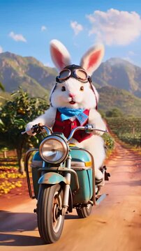 Charming White Bunny Riding a Vintage Scooter Through a Vibrant Orchard Path Surrounded by Fruit Trees and Mountains