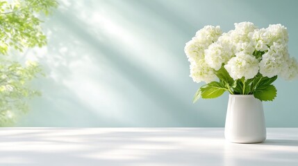 Fototapeta premium A white vase filled with delicate white flowers on a minimalist table, soft sunlight streaming through a window, and serene and elegant interior setting.
