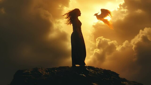Silhouette of a Woman Standing Amidst Intense Flames with a Glowing Phoenix Soaring in a Fiery Sunset Sky Representing Rebirth and Power