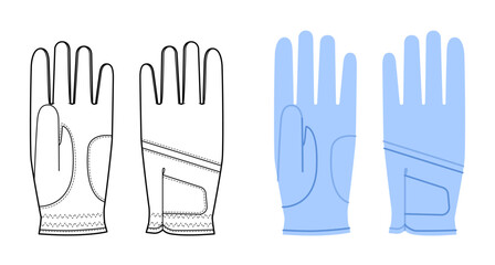 Golf Gloves blue cartoon and flat mockup sketch Fashion hand accessory clothing technical illustration garment. Vector front palm back view for Men women, unisex style template CAD on white background
