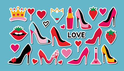 Obraz premium Stylish Fashion Illustration_High Heels_Lipstick_Crowns_Hearts_and Strawberries on Blue Background_Trendy Girly Stickers for Fashion Lovers and Designers
