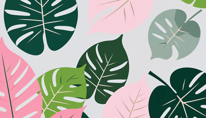 Fototapeta premium Tropical Monstera Leaf Pattern Wallpaper_Pastel Colors and Green Tones_Stylish Home Decor_Botanical Illustration_Trendy Background for Design Projects