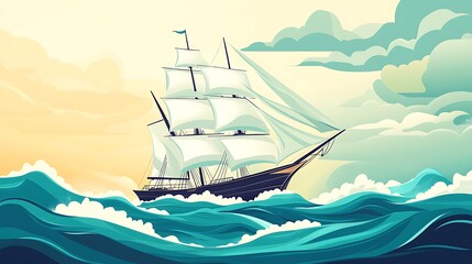 Sailing Ship with Ocean Waves, and Sunset.