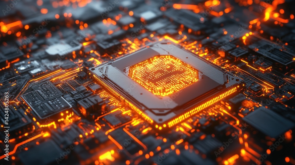 Poster glowing circuitry: a close-up of a computer processor