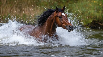 Obraz premium Wild stallion splashing through a river, powerful water