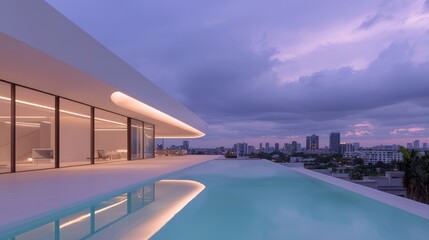Fototapeta premium Modern penthouse with rooftop pool, overlooking city skyline at twilight