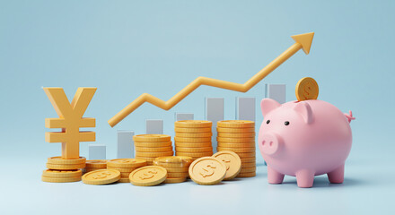 Growing Yen Dollar Savings Piggy Bank Coins Upward Trend Graph Pastel Colors